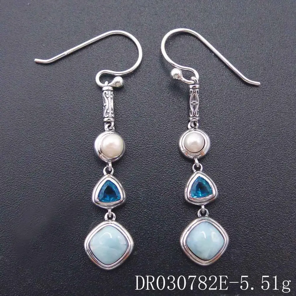 Earrings Натуральный Ларимар серебро 925 пробы античный дизайн голубой топаз натуральный камень прелестная жемчужная подвеска ожерелье для женщин подарок - Цвет камня: Earrings