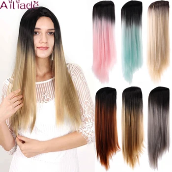 

AILIADE Long Straight Hair Middle Part Heat Resistant Synthetic Two Tone Wig For Women Ombre Brown Natural Hair Female Wig