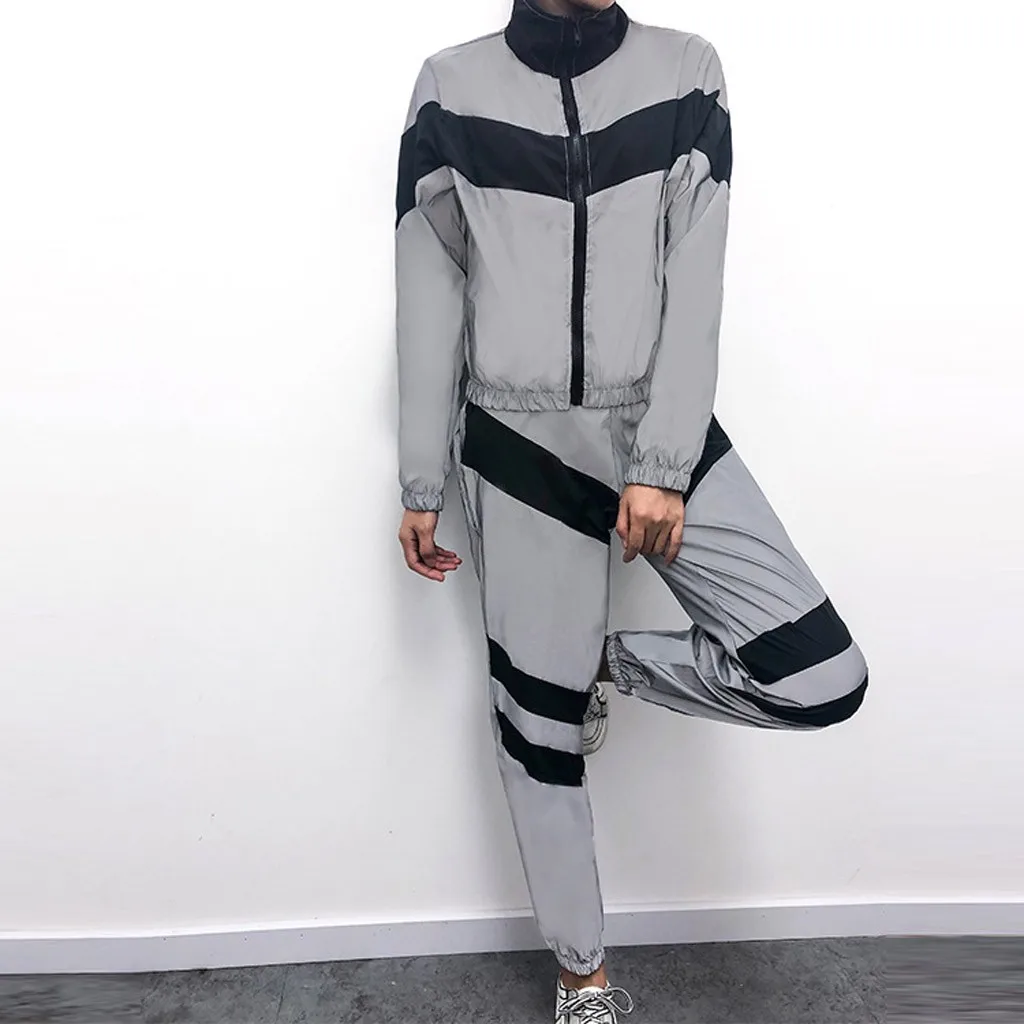 Women Casual Stitching Reflective Sports Set Long Sleeve Crop Tops+ Pants