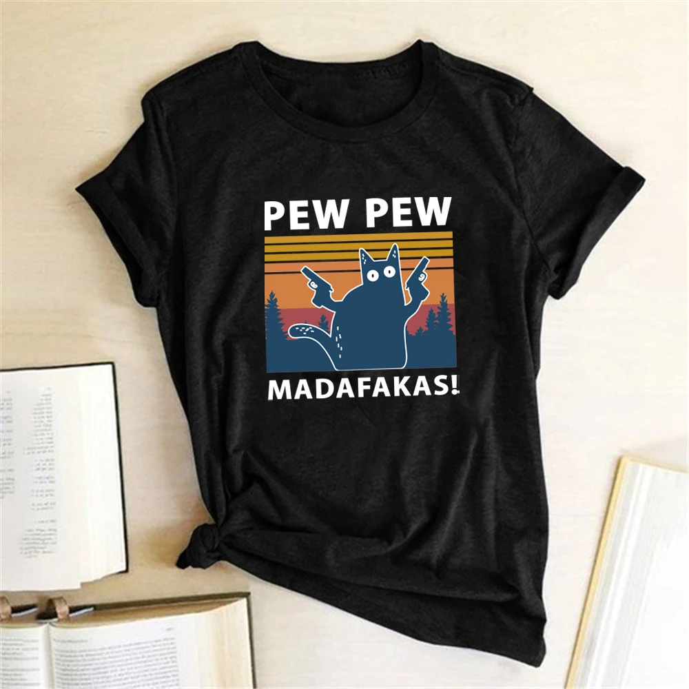 

Pew Pew Madafakas Print T-shirts Women Summer 2020 Graphic Tees Funny Shirts for Women Loose Crew Neck Harajuku Tops for Teens