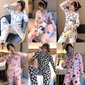 

2020 Spring And Autumn New Style Women'S Pajamas Cardigan Long Sleeve Trousers Cartoon Sweet Home Service Leisure Suit