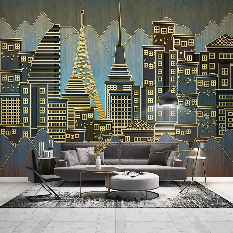 Modern Golden Line Relief City Building Photo Wallpaper For Living Room Wall Covering Home Decor Mural Wallpaper Papel De Darede afbeelding
