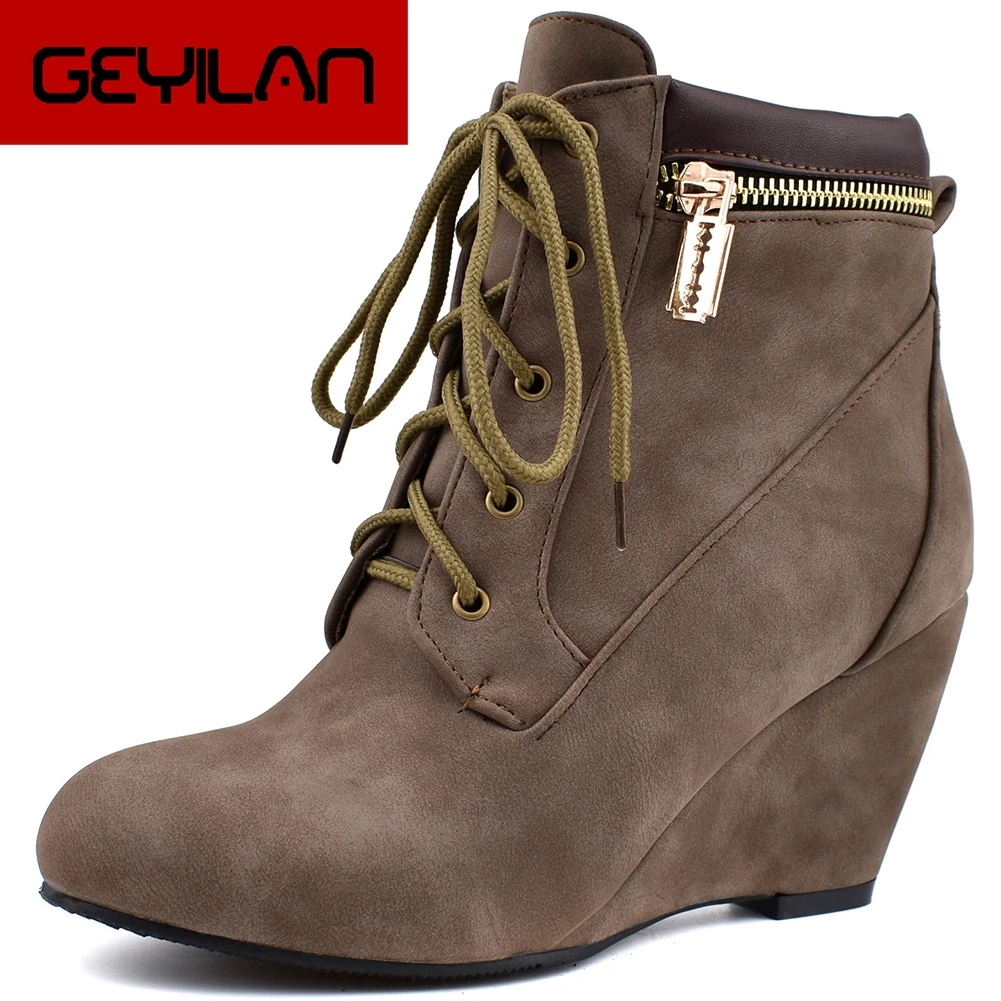 

high-heeled Ankle Boots Woman Vintage Shoelace Zipper Boots Classic Women Wedges Shoes Woman Large Size 48