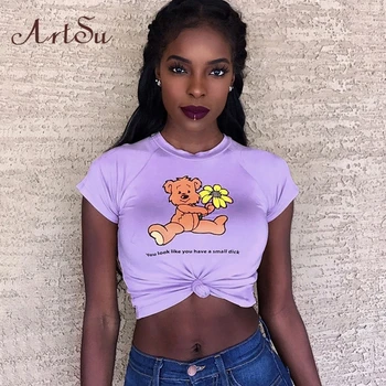 

ArtSu Summer Kawaii Bear Cute Crop Top Short Sleeve Friends Tshirt Basic Pink Top Purple Funny T shirts Women Vogue Streetwear
