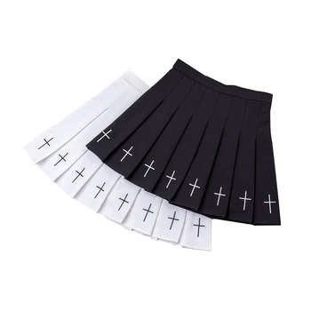 

Girls Punk Cross Embroidery Skirts Summer Pleated Women High Waist Gothic Mini Skirts Cross Female Black White Skirt
