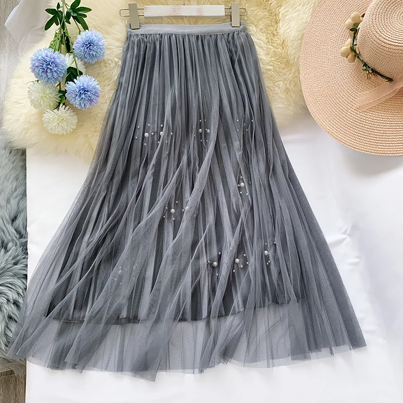 Women's Mesh Pleated Skirt Autumn Winter New Lady Temperament Skirt Korean Beading Velvet Mesh Skirt Long Skirts Falda ML356