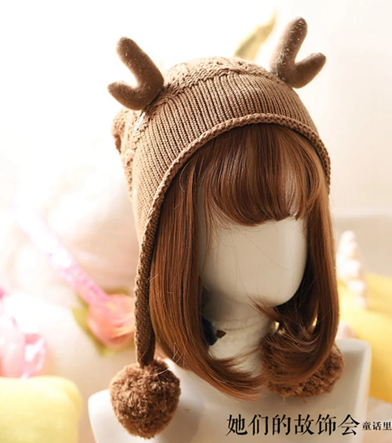 Antler Brown Милая зимняя вязаная шапочка в стиле Лолиты для девочек, Рождественская шапка с рогами и шарами - Цвет: Antler Brown