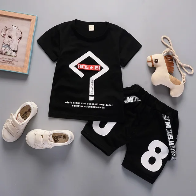 Children Clothes Fashion Summer Baby Girls Clothing Boys Sports T-Shirt Shorts 2Pcs/Sets Toddler Cotton Costume Kids Tracksuits LSJL wenhao S Black