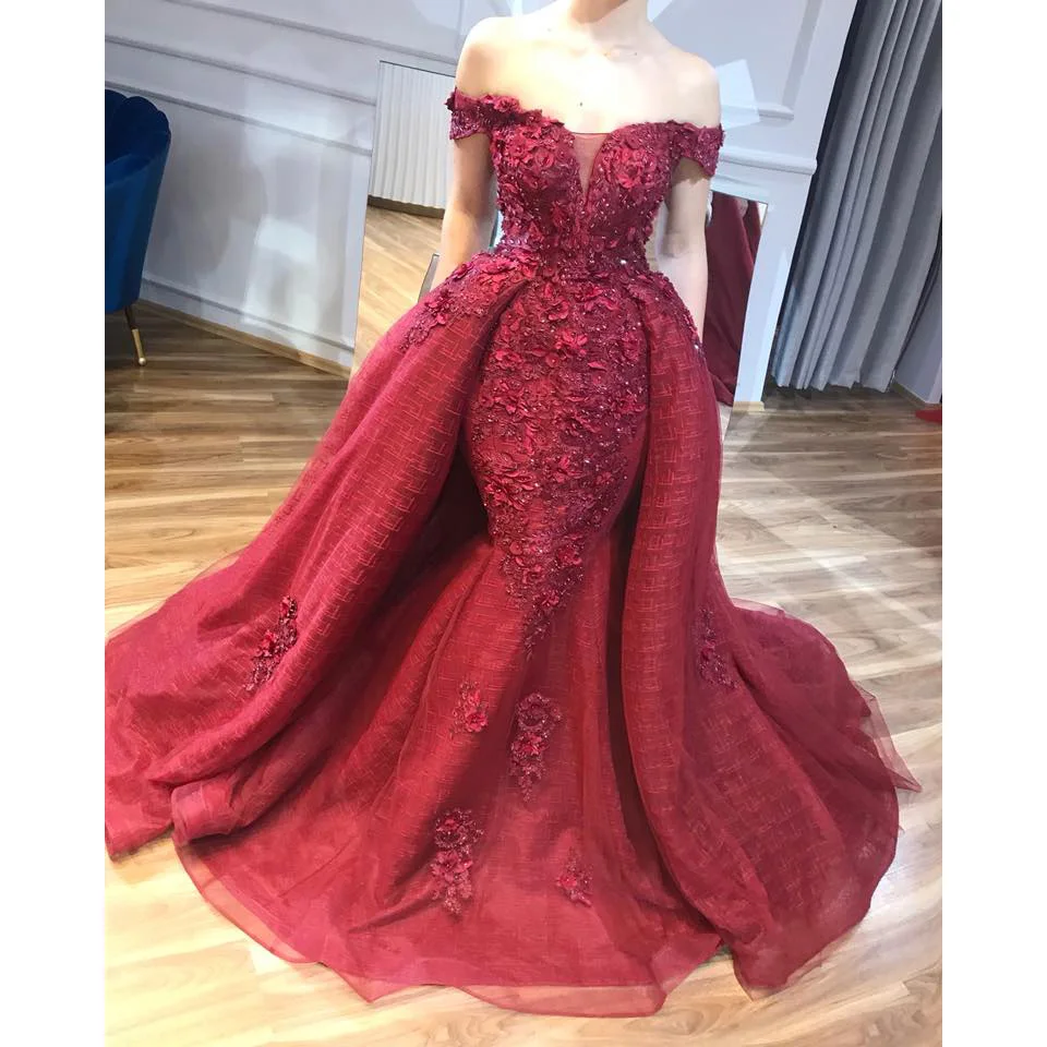 Bourgondië Off Shoulder Avondjurken Afneembare Rok Applique Mouwloze abiye Saoedi-Arabisch Lange Partij Jassen Vrouwen Pageant Dress Bourgondië Off Shoulder Avondjurken Afneembare Rok Applique Mouwloze abiye Saoedi-Arabisch Lange Partij Jassen Vrouwen Pageant Dress