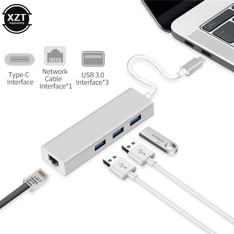 100/1000 м USB-C Ethernet адаптер 3 USB C концентратор для Ethernet RJ45 Lan адаптер Сетевая карта гигабит Интернет для Macbook type C концентратор