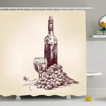 

Shower Curtain Set with Hooks 72x78 Grapes Restaurant Transparent Bottle Wine Glass Vintage Food Mellow Sketch Healthy Drink