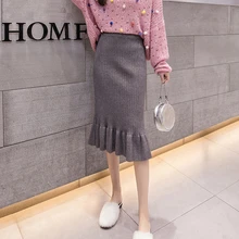 PEONFLY Модная трикотажная миди-юбка-годе Для женщин осень-зима корейские милые махровые носки по колено Высокая Талия облегающая женская юбка-карандаш