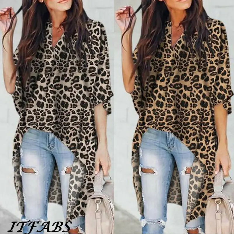 Новая модная женская Повседневная блуза с v-образным вырезом, половина рукава-клеш, длинная рубашка, женские топы с леопардовым принтом и блузка