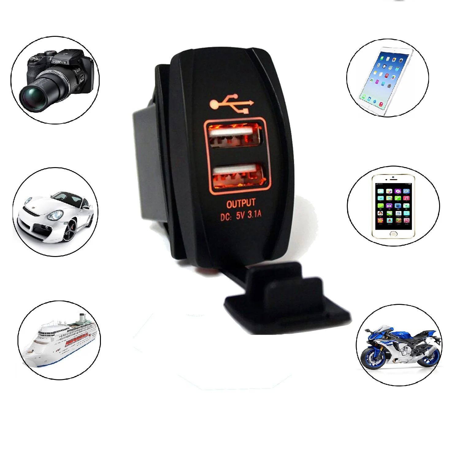 Chenes красный USB Автомобильное зарядное устройство адаптер Рокер Стиль 2 порта 3.1A