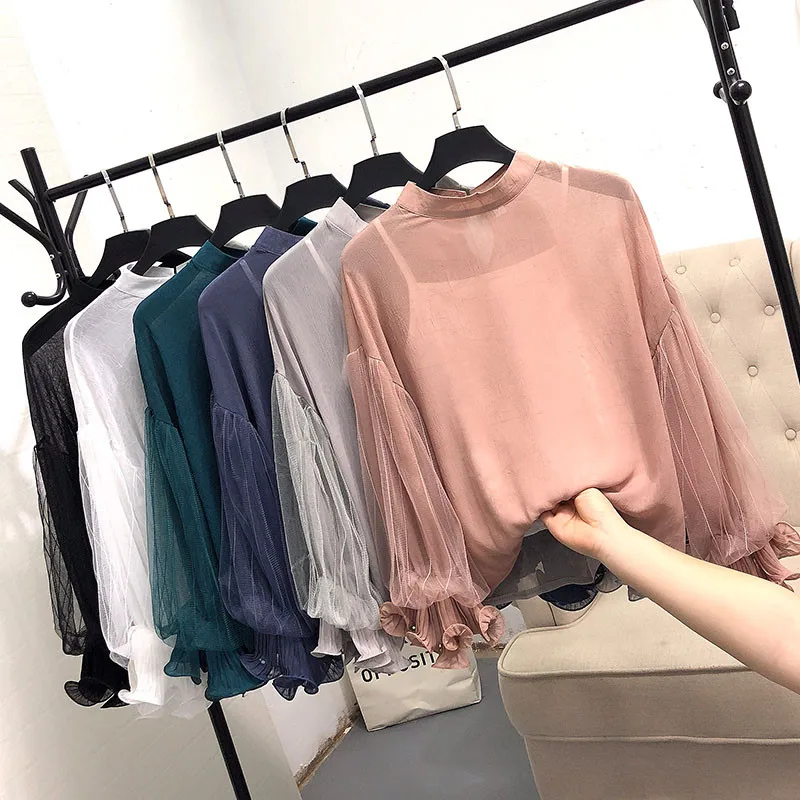 

Two Pieces Shirt +Tank Autumn Women Mesh Blouse Sweet Lace Patchwork Chiffon Shirt Female Lantern Sleeve Blouses Short Tops 2003