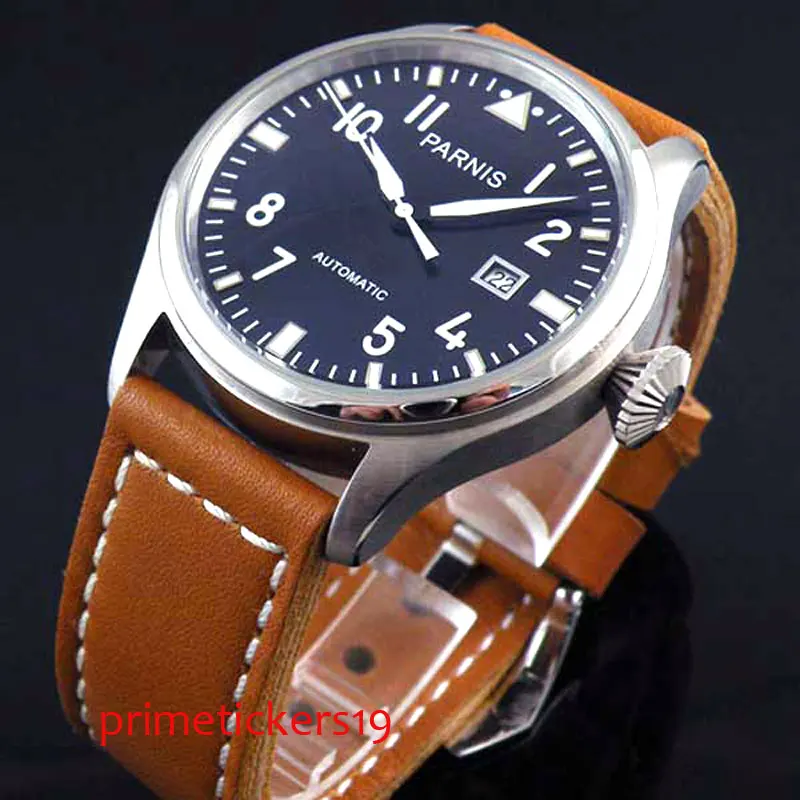 

47mm PARNIS black dial date ST2551 brown leather strap automatic movement mens watch