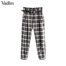 Vadim women chic plaid pants high paperbag waist bow tie belt pockets checkered female casual retro trousers mujer KB148