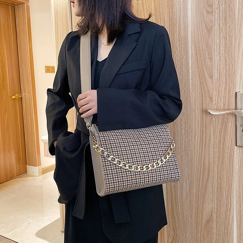 

Women's 2019 Autumn And Winter New Style Thousands of Birds Woolen Shoulder Bag Casual Large-Volume Versatile Broadband Shoulder