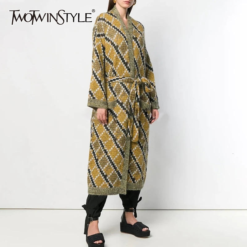 TWOTWINSTYLE элегантные клетчатые вязаные женские кардиганы с длинным рукавом и