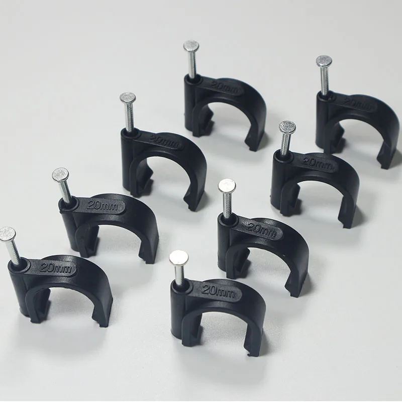 50pcs/pack blackPE Plastic 20mm Circle Cable Clip C Shaped High Carbon Steel Nails Cable clips Wire Wall holder