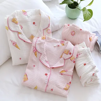 

Autumn Winter 100% Cotton Women Pajamas Sets Japanese Sweet Ice Cake Cotton Pyjamas Sleepwear Women Pijamas mujer