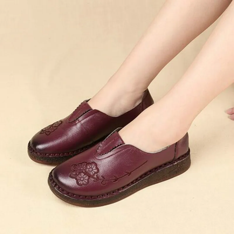 

Spring Handmade Genuine Leather Embroidery Flats Womans Shoes Autumn Elegant Flats Low Heel Loafers Ladies Casual Shoes