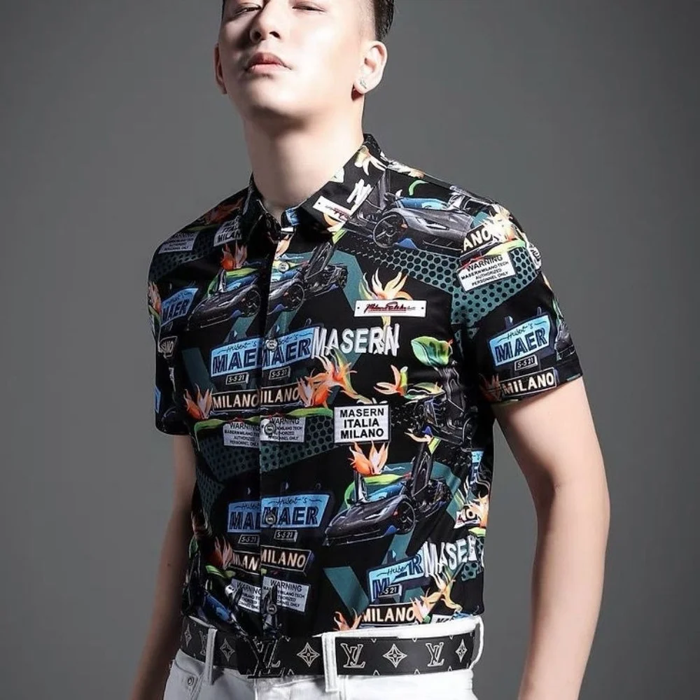 

Summer Men's 2021 New Fashion Pattern Shirt European and American Trend Trend Small Lapel Button Casual Slim Short-sleeved Shirt