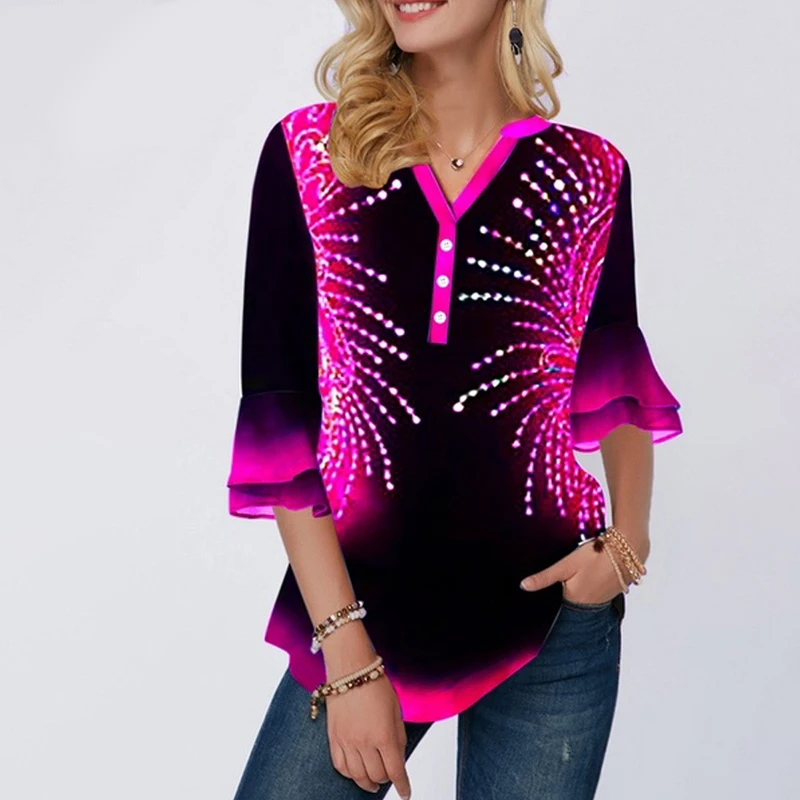 Plus-size-5xl-Latest-Model-Single-breasted-Print-Position-Blue-V-neck-Flared-Sleeve-Tops-Female (1)