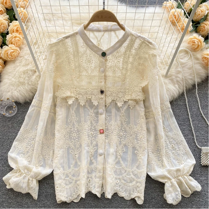 Blusa de encaje con cuello levantado para camisa informal de algodón de manga larga, de un solo pecho, color Beige, Primavera|Camisa| AliExpress