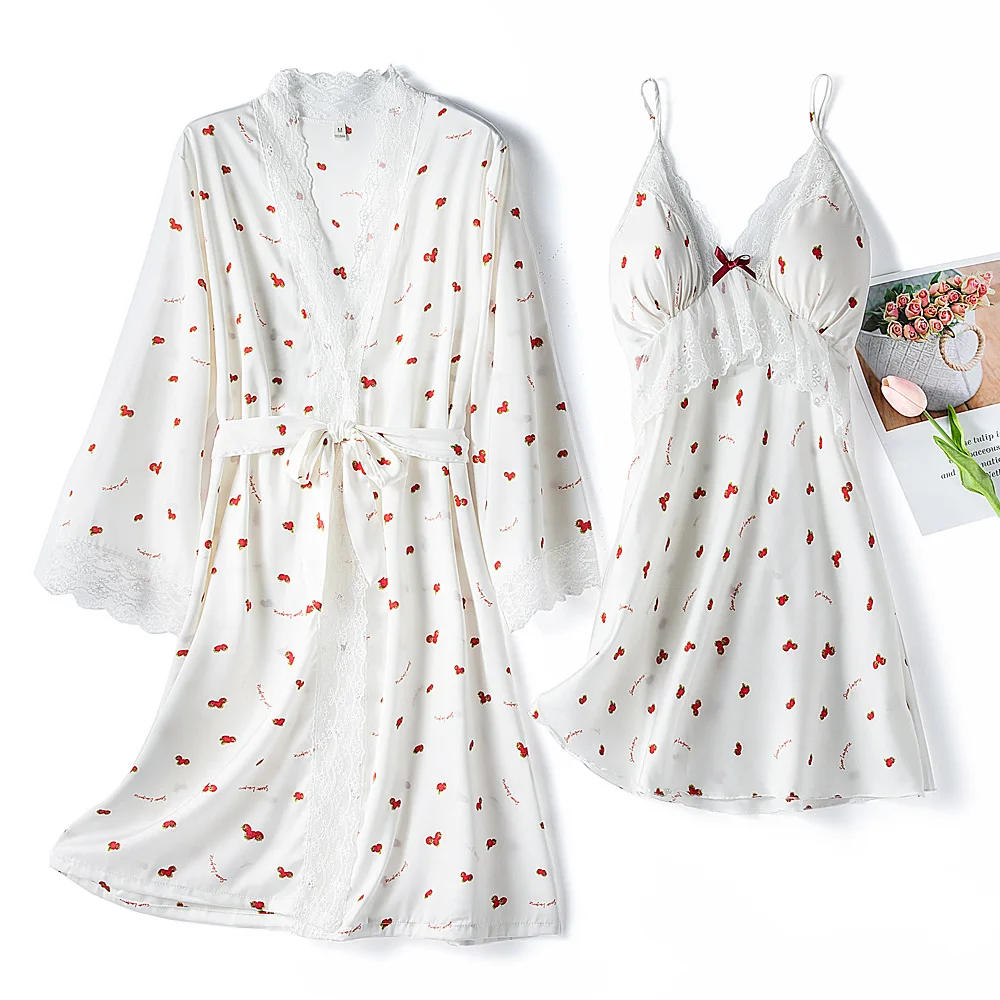 

White Bride Wedding Robe Set Sweet Print Strawberry Sleepwear Nightgown Sexy Silk Satin Kimono Bathrobe Gown Loose Home Dress