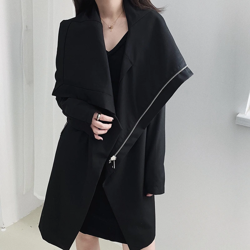 Black TVVOVVINLoose Fit черная ассиметричная куртка на молнии Новая женская куртка с отворотом и длинным рукавом модная универсальная осенне-зимняя коллекция F790 - Цвет: Black