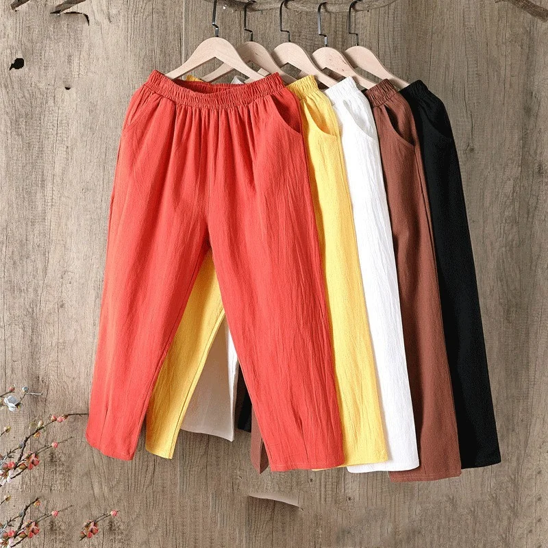 Pantalones de lino y algodón para mujer, pantalón harén holgado, informal, con cintura elástica, Color liso, para primavera y verano