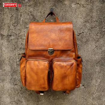 

Men's Backpack Travel Bag Men Laptop Bag Retro School Backpacks Large-capacity Bread Type First Layer Leather Real Full Leather
