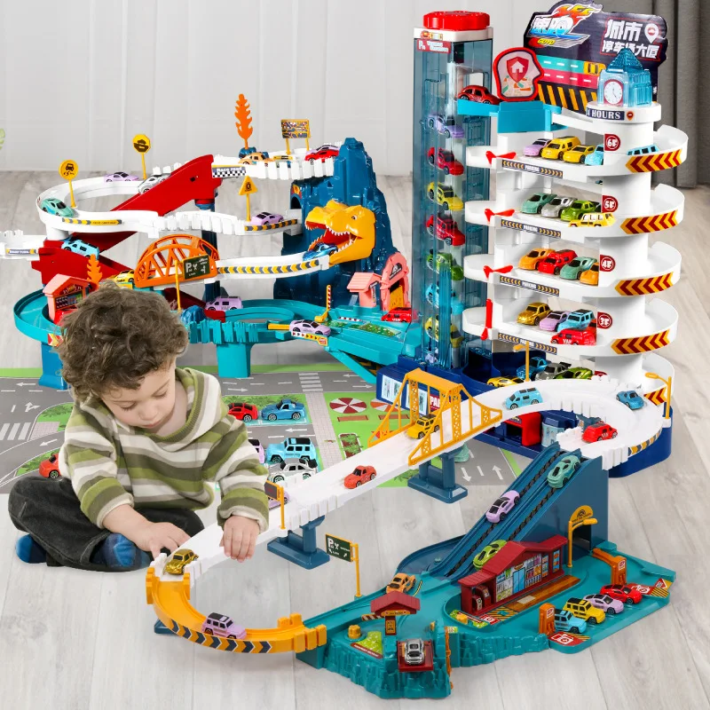 Children's dinosaur rail car adventure and car building parking lot parent-child interaction puzzle boy toy