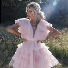

YALIN Blush Pink Tulle Prom Dresses Chic Tiered Ruffles Wedding Mini Length Cocktail Dress Custom Made Girls Homecoming Gowns