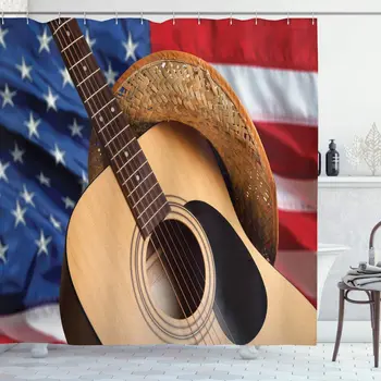 

Western Shower Curtain Country Music Acoustic Guitar American Flag Popular Fourth of July Photo Bathroom Decor Set with Hooks 70
