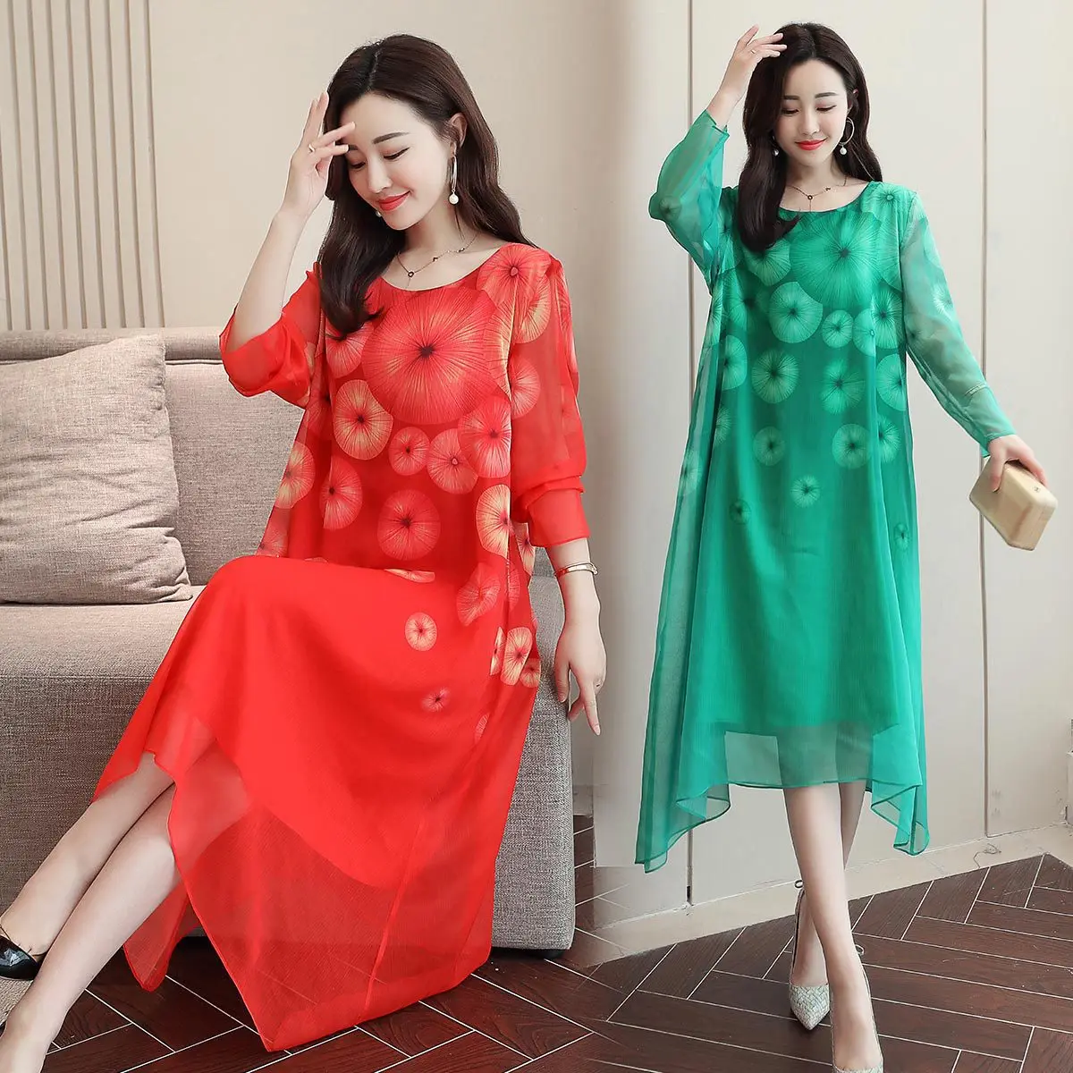 

2019 Spring And Summer New Style Korean-style Loose Comfortable Slimming Skirt Mid-length Large Size Dress Printed Retro Dress
