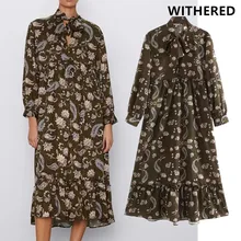 Увядшее английское винтажное элегантное платье миди с принтом пейсли и бантом Женское Платье vestidos de fiesta de noche vestidos Макси Платье Блейзер