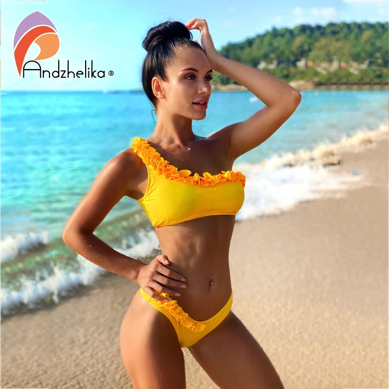 Andzhelika Новые Бикини однотонные сексуальные комплекты бикини на одно плечо