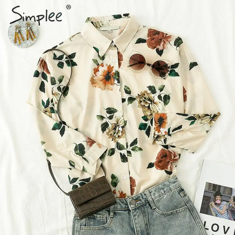 

Simplee Casual long sleeve button lapel blouse women Elegant office female flower blouse 2019 Autumn vintage loose ladies blouse