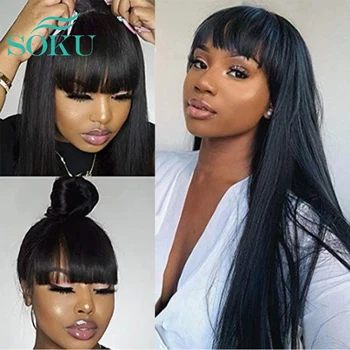 

SOKU Synthetic Hair With Bangs Glueless Full Machine Made Wigs Long Straight 28Inch Cheap Brazilian Remy Wig For Black Women