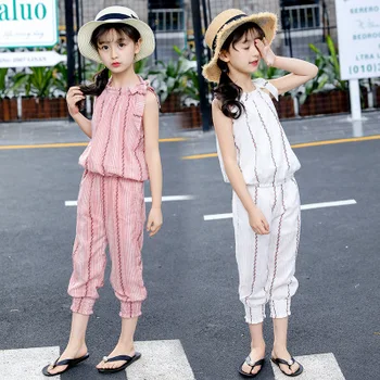 

Children clothing girls suits summer clothes new children vertical stripes small flower cotton and linen fashion two-piece tide
