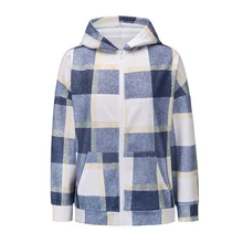 Winter Warm Long Sleeve Coats Outwear Autumn Loose Plaid Plush Woolen Cloth Hooded Jackets Casual Pocket Zip-Up Women Sweatshirt