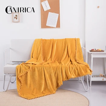 

CANIRICA Yellow Blanket Fleece Blanket With Small Ball Sofa Bedspread Children Blanket Towel Travel Winter Warm Decoration