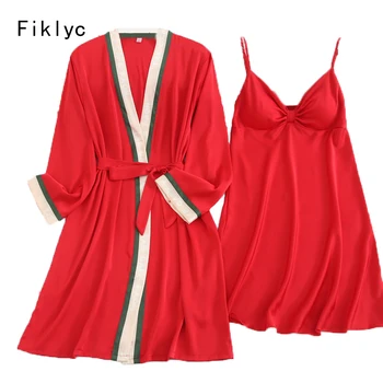

Fiklyc underwear beautiful women's 2 pieces robe & gown sets cute v neck female sexy nightwear bathrobes + night dress pyjamas