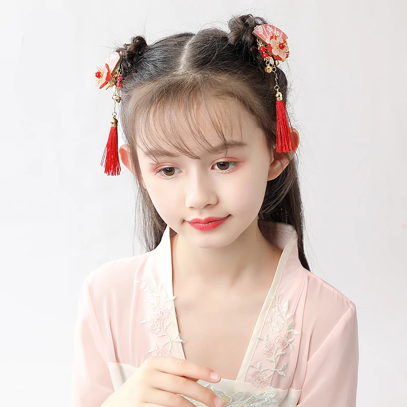 Женский головной убор Hanfu с цветами, ювелирное изделие, Детская антикварная Милая заколка с кисточками, аксессуары, заколка для девочек с цветами - Цвет: Красный