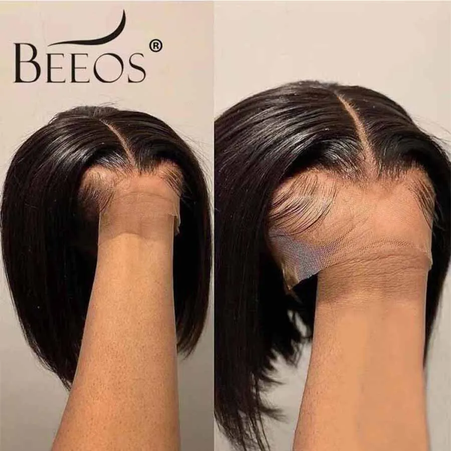 180% Short Straight Bob Wigs Middle Part Lace Closure Wig Brazilian Front Human Hair 4×4 Remy Pre Plucked | Шиньоны и парики