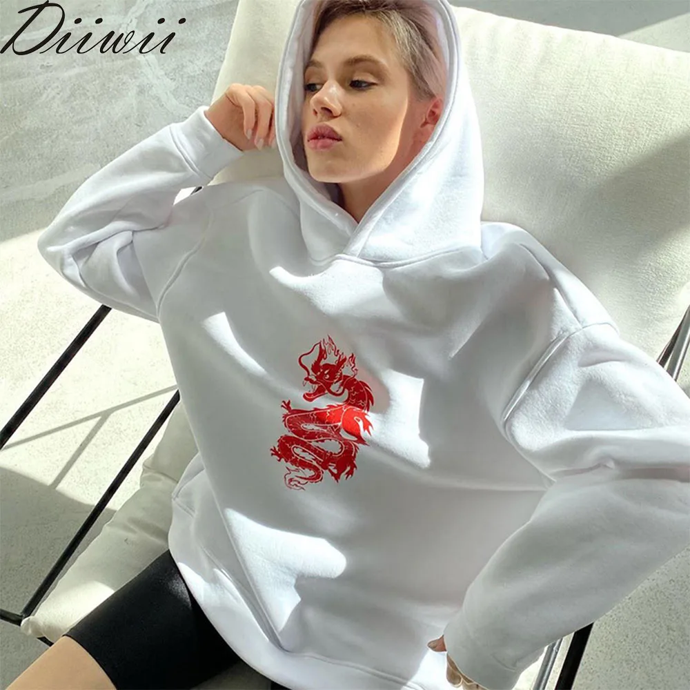 

DiiWii New Womens Top Fried Street Fashion Slimming Dragon Print Medium Length Hoodie
