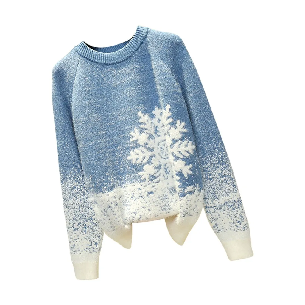 MISSOMO осенне-зимняя женская одежда с круглым вырезом и рождественским принтом снежинки, толстый вязаный свитер, женские топы, пуловер, джемпер - Цвет: BU