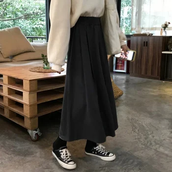 

Elegant Casual A-Line Women High Waist Skirts Solid Elastic Waist Skirt Mid Length Autumn Cotton Skirt